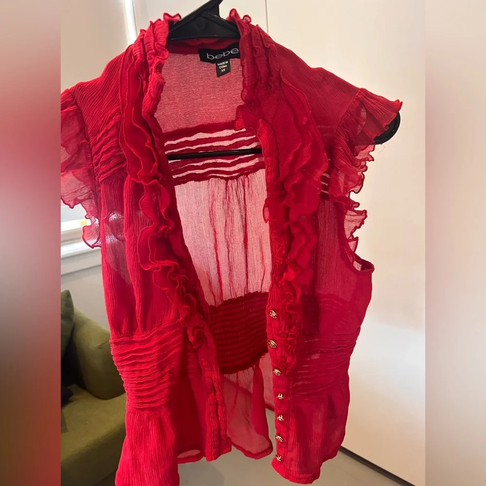 Bebe Red Ruffled Button-Front Top - Picture 2 of 3
